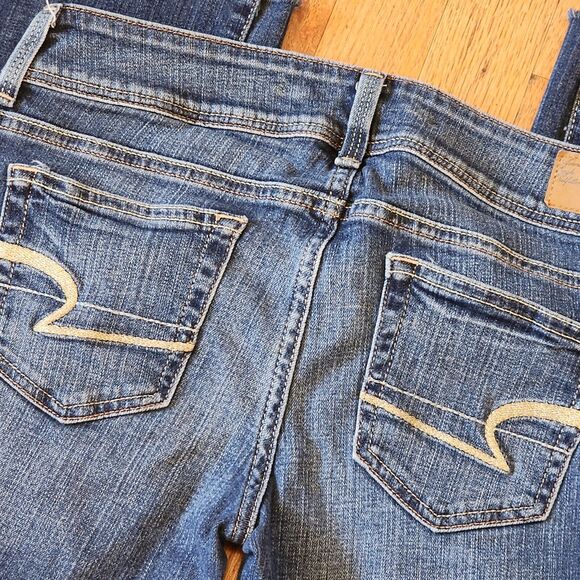 American Eagle Slim Boot Size 4 Jeans Medium Wash Metallic Gold Pocket Stitch - Picture 5 of 11